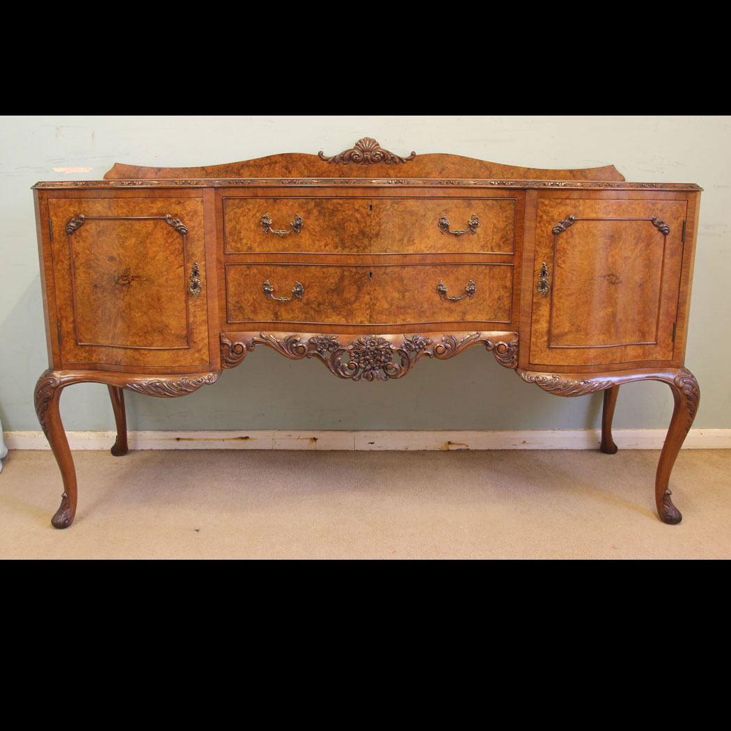 11626r01 Antique Burr Walnut Sideboard Server, Antique Quality Burr Walnut Serpentine Front Sideboard