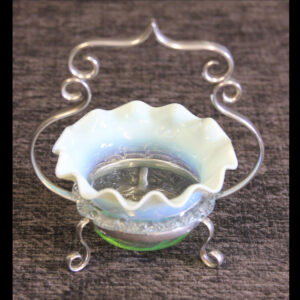 Antique Victorian Green Vaseline Glass Jam Dish in Silver Plated Stand.
