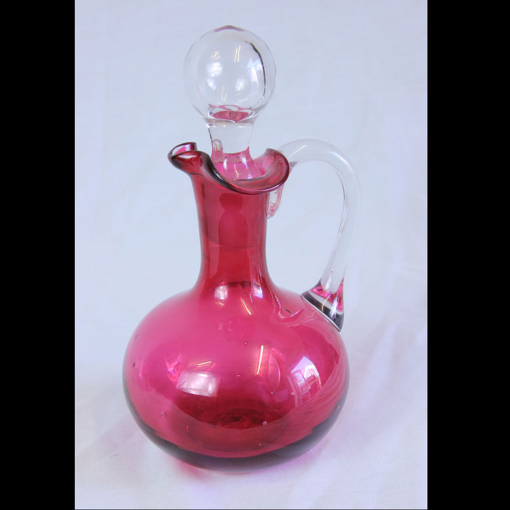 11719r01-Antique-Cranberry-Glass-Oil-Vinegar-Decanter-Bottle,- Antique Cranberry Glass Oil Vinegar Decanter Bottle