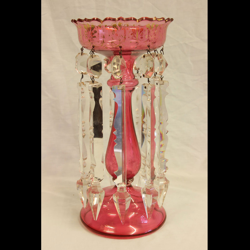 11750r01-Antique-Victorian-Cranberry-Glass-Lustre,- Antique Victorian Cranberry Glass Mantle Lustre.