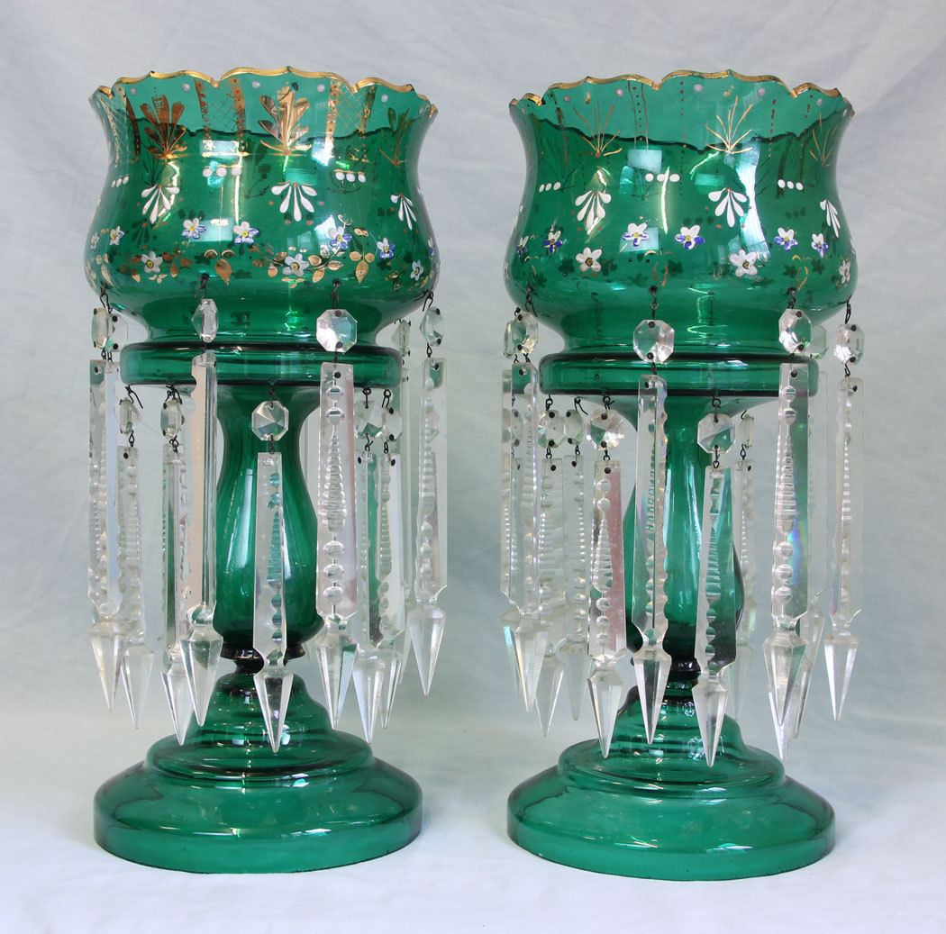 11765r2 Pair Victorian Green Table Mantle Lustres,