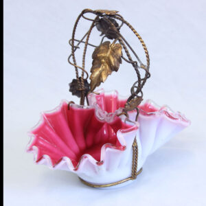 Antique Pink Opaline Glass Frilled Basket