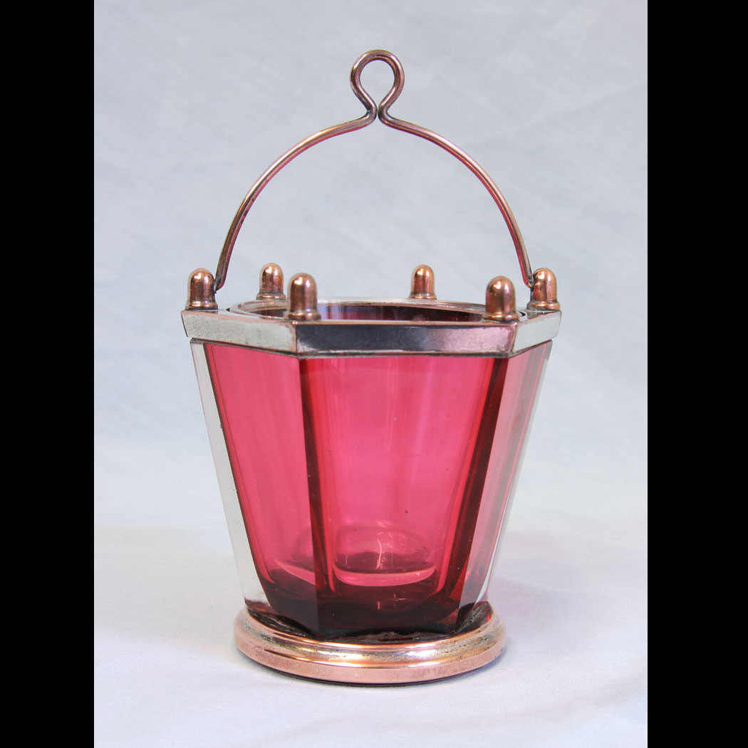 11774r01-A-Unusual-Silver-Plated-Cranberry-Glass-Drip-Bucket,- An Unusual Silver Plated Cranberry Glass Drip Bucket