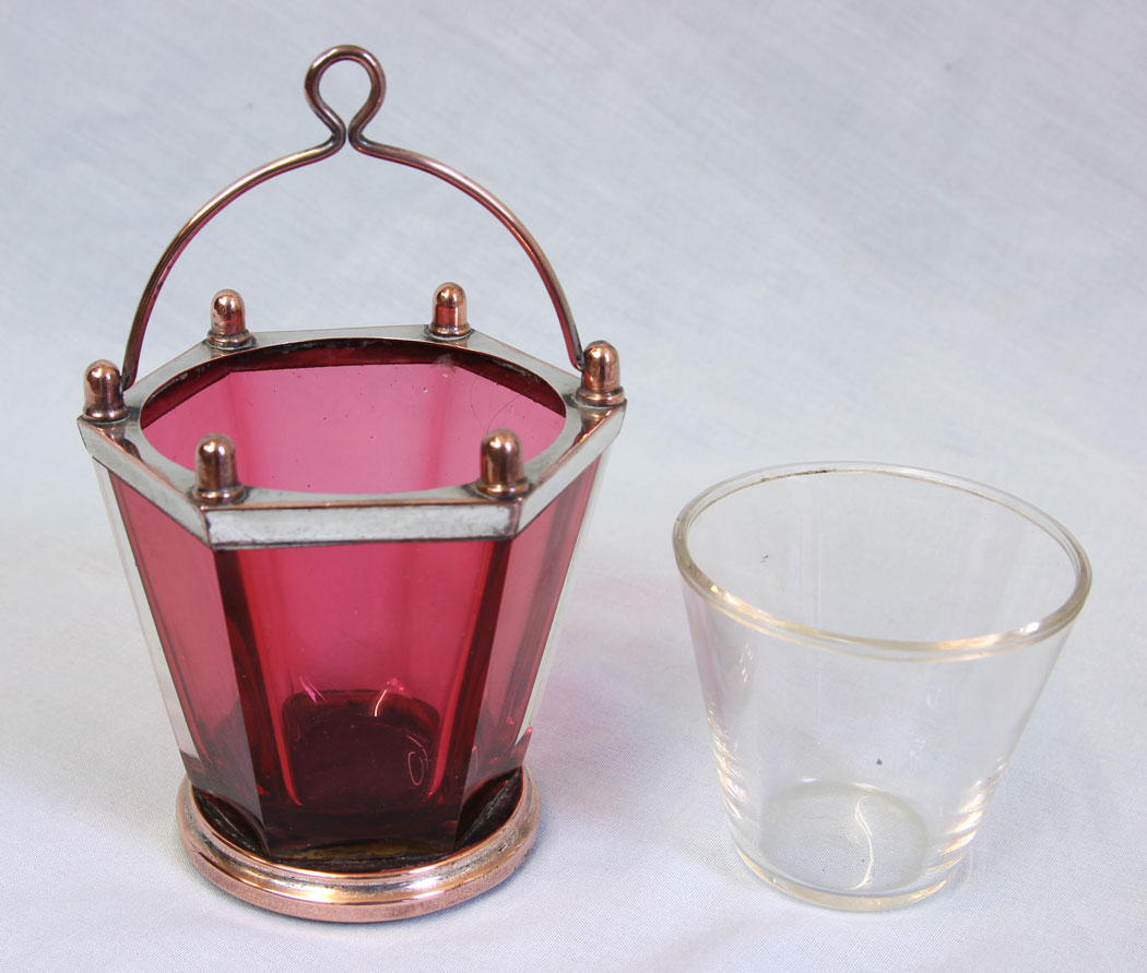11774r4 A Unusual Silver Plated Cranberry Glass Drip Bucket,