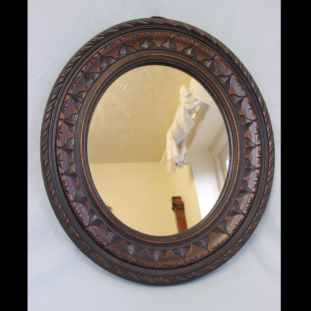11788r01-Small-Antique-Carved-Oak-Oval-Mirror,- Small Antique Carved Oak Oval Mirror.