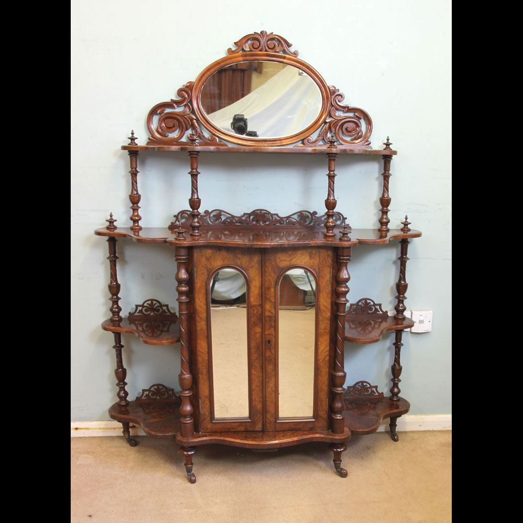 11868r01-Antique-Victorian-Burr-Walnut-Display-Whatnot-Side-Cabinet,- Antique Victorian Burr Walnut Display Whatnot Side Cabinet