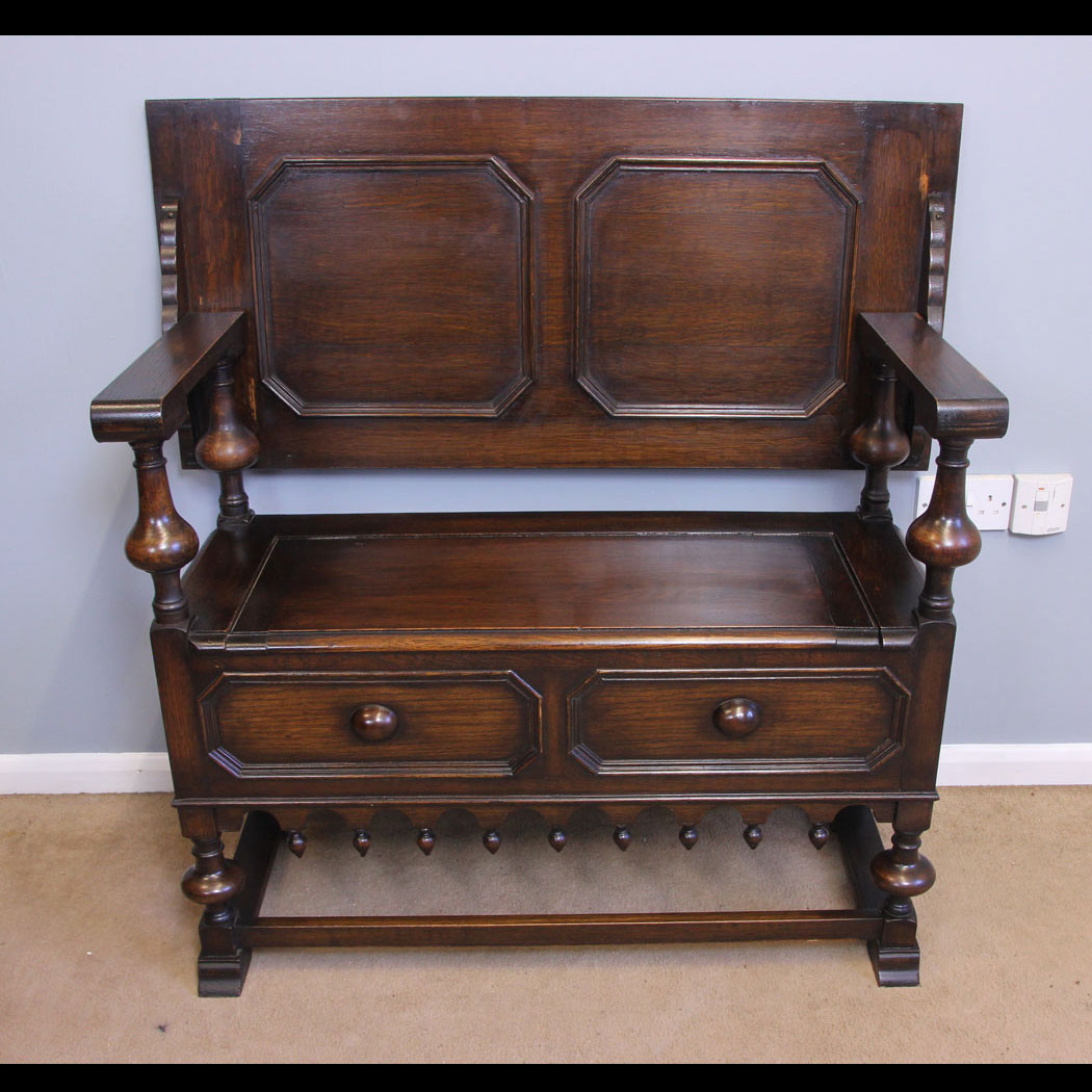 11912r01-Antique-Oak-Monks-Bench-Settle,- Antique Oak Monks Bench