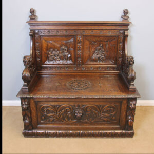 Antique Victorian Carved Oak Settle Monks Bench