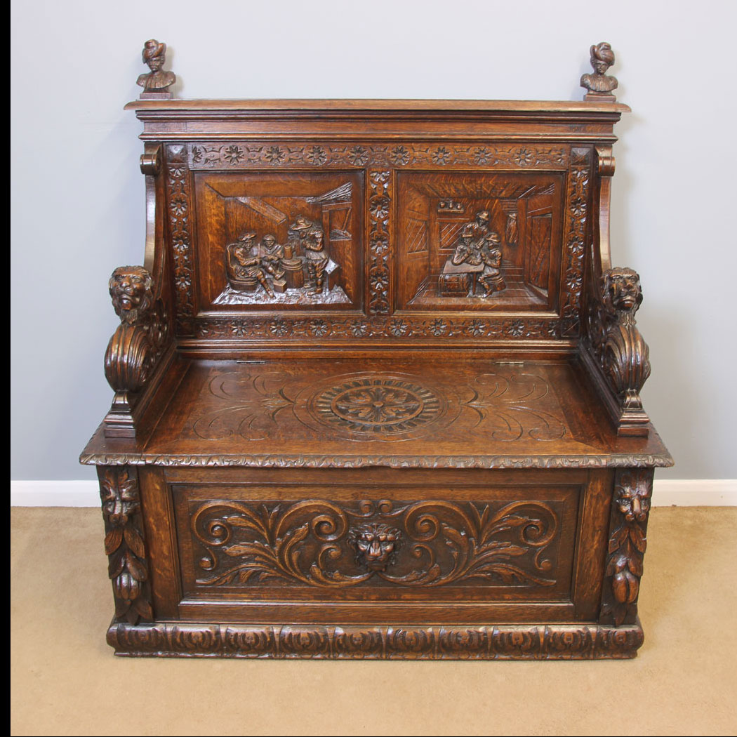 11922r01 Antique Victorian Carved Oak Settle, Antique Victorian Carved Oak Settle Monks Bench