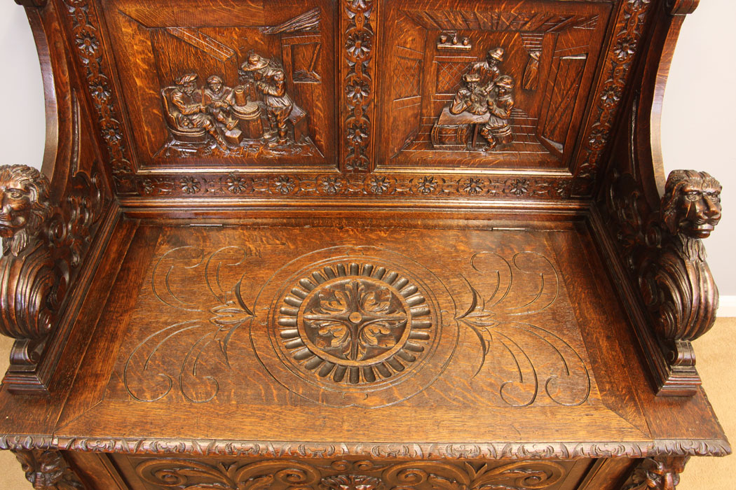 11922r13 Antique Victorian Carved Oak Settle,