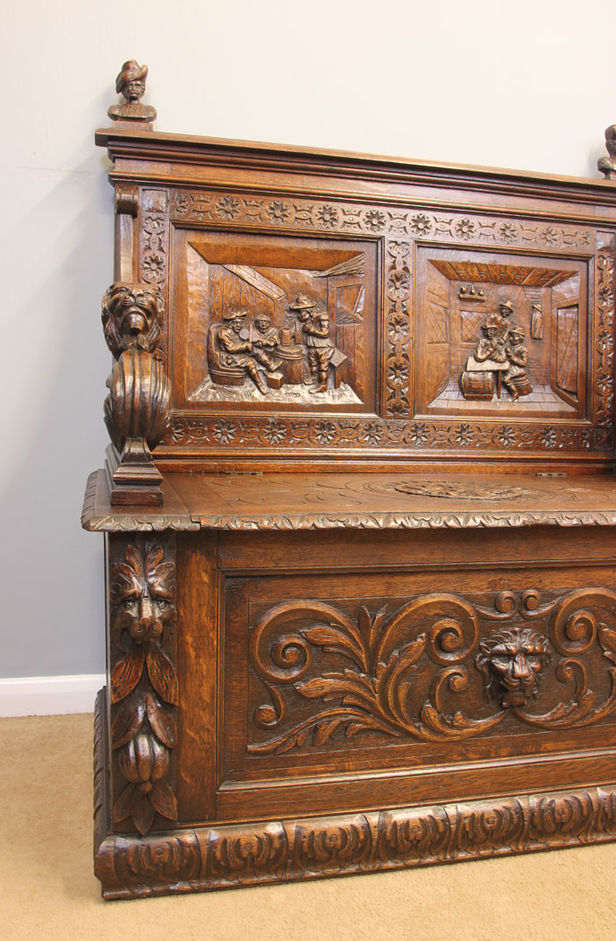 11922r9 Antique Victorian Carved Oak Settle,