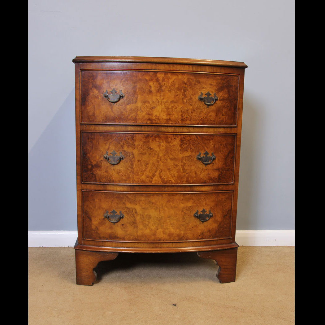 11923r01 Small Burr Walnut Bow Front Chest of Drawers, Small Burr Walnut Bow Front Chest of Drawers