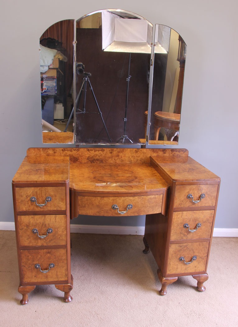 12009r3 Antique Triple Mirror Burr Walnut Dressing Table,