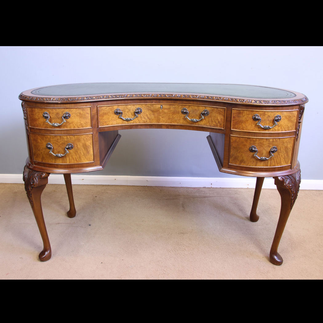 12026r01-Antique-Kidney-Shapped-Burr-Walnut-Writing-Desk,-- Antique Kidney Shaped Burr Walnut Desk