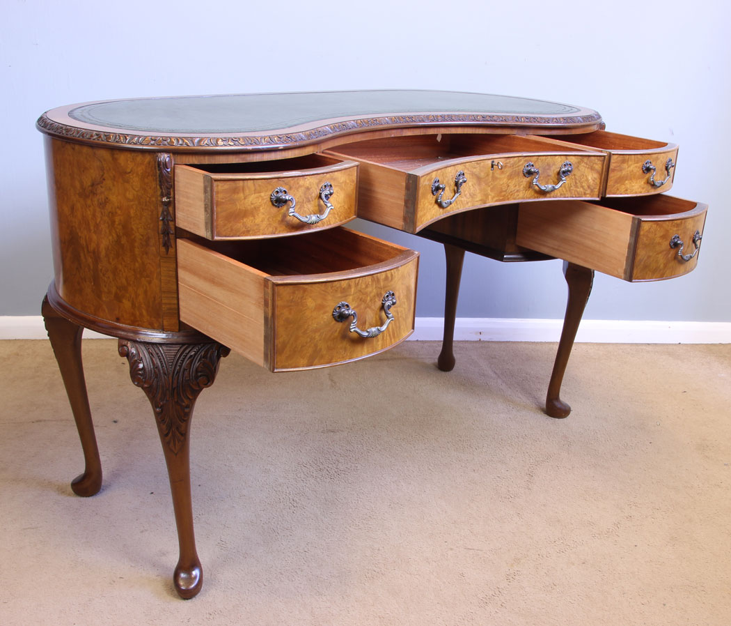 12026r12 Antique Kidney Shapped Burr Walnut Writing Desk,