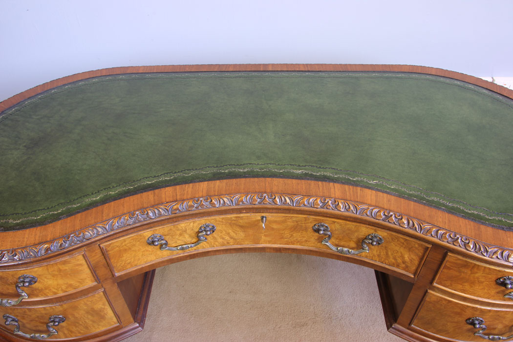 12026r4 Antique Kidney Shapped Burr Walnut Writing Desk,