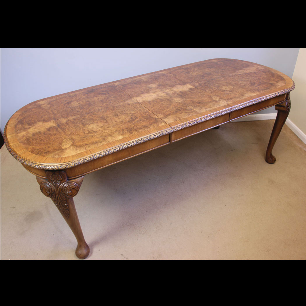12049r01-Antique-Queen-Anne-Style-Burr-Walnut-Extending-Dining-Table,- Antique Queen Anne Style Burr Walnut Extending Dining Table.