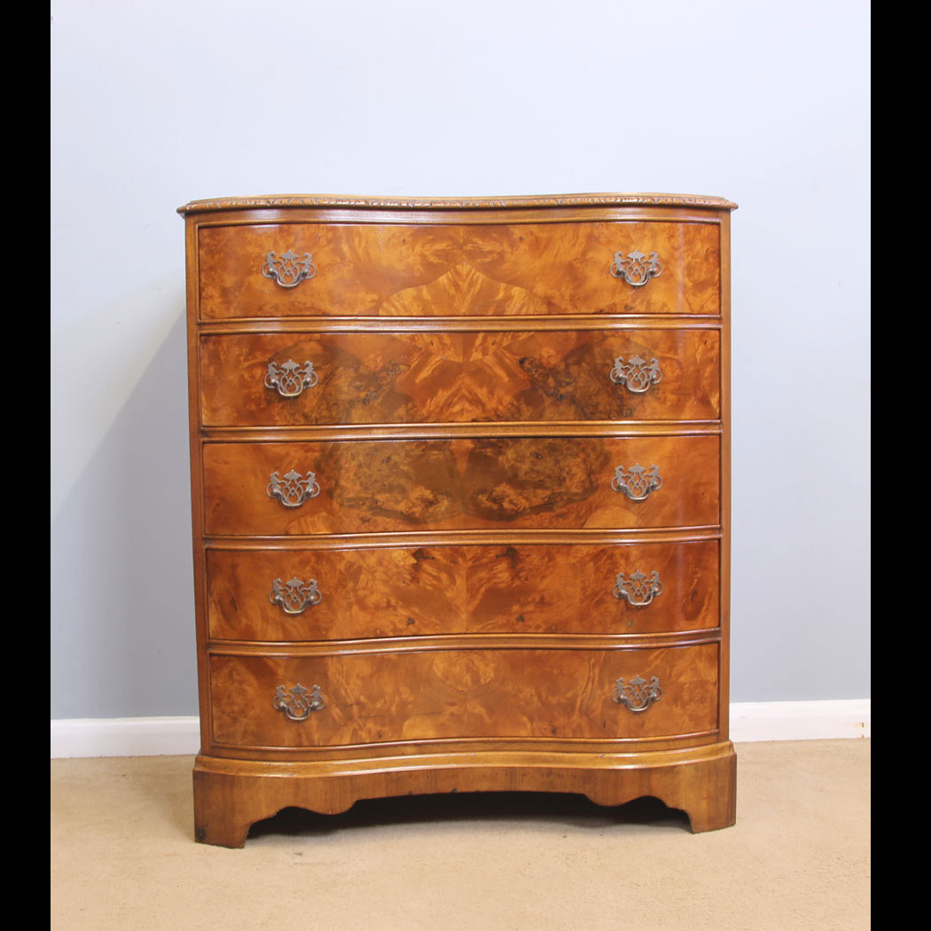 12073r01-Serpentine-Figured-Burr-Walnut-Antique-Chest-of-Drawers,-- Serpentine Figured Burr Walnut Antique Chest of Drawers