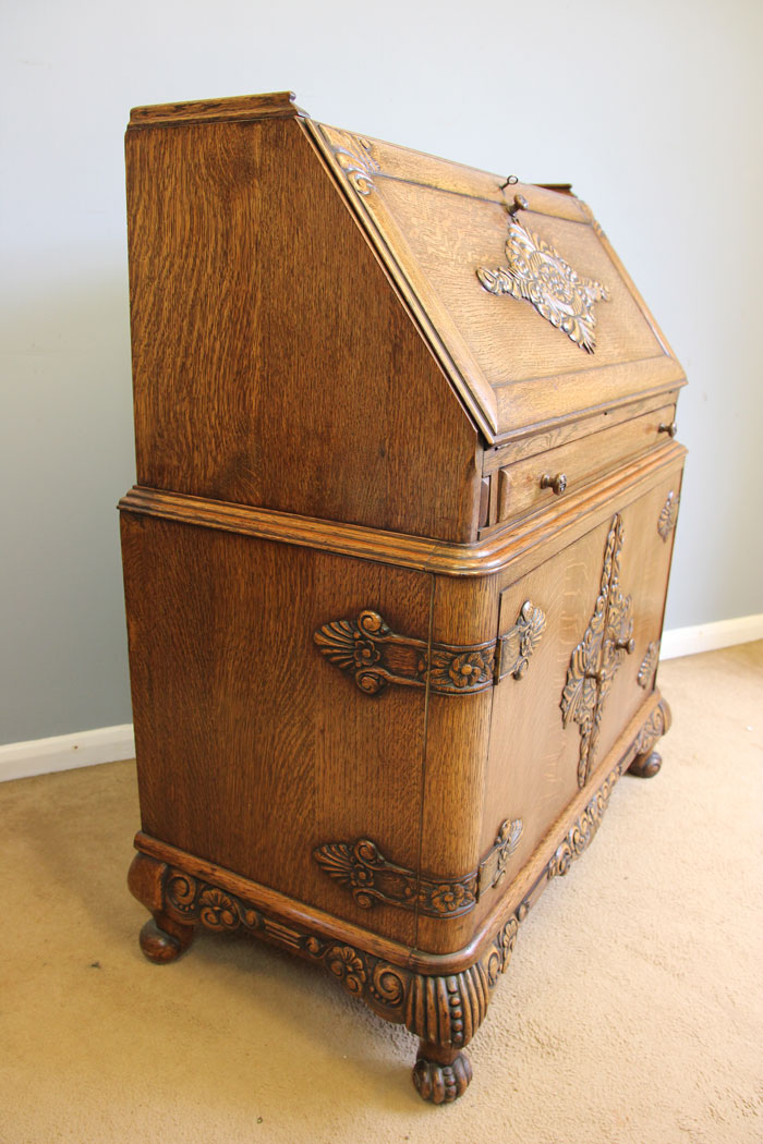 12097r11 Quality Antique Unusual Carved Oak Desk Writing Bureau,