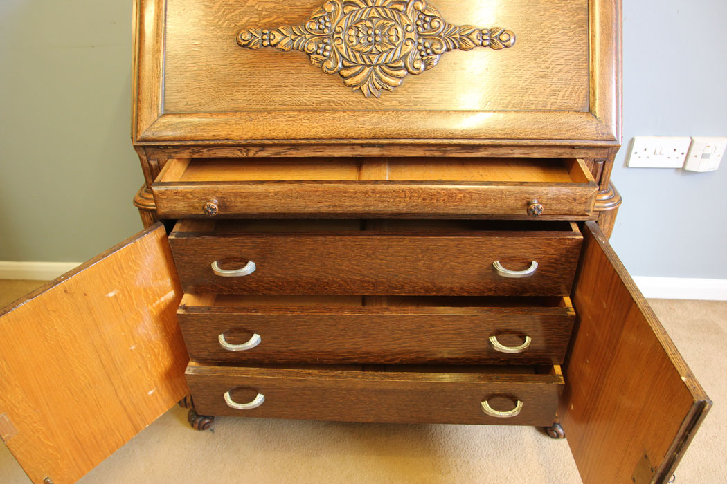 12097r8 Quality Antique Unusual Carved Oak Desk Writing Bureau,