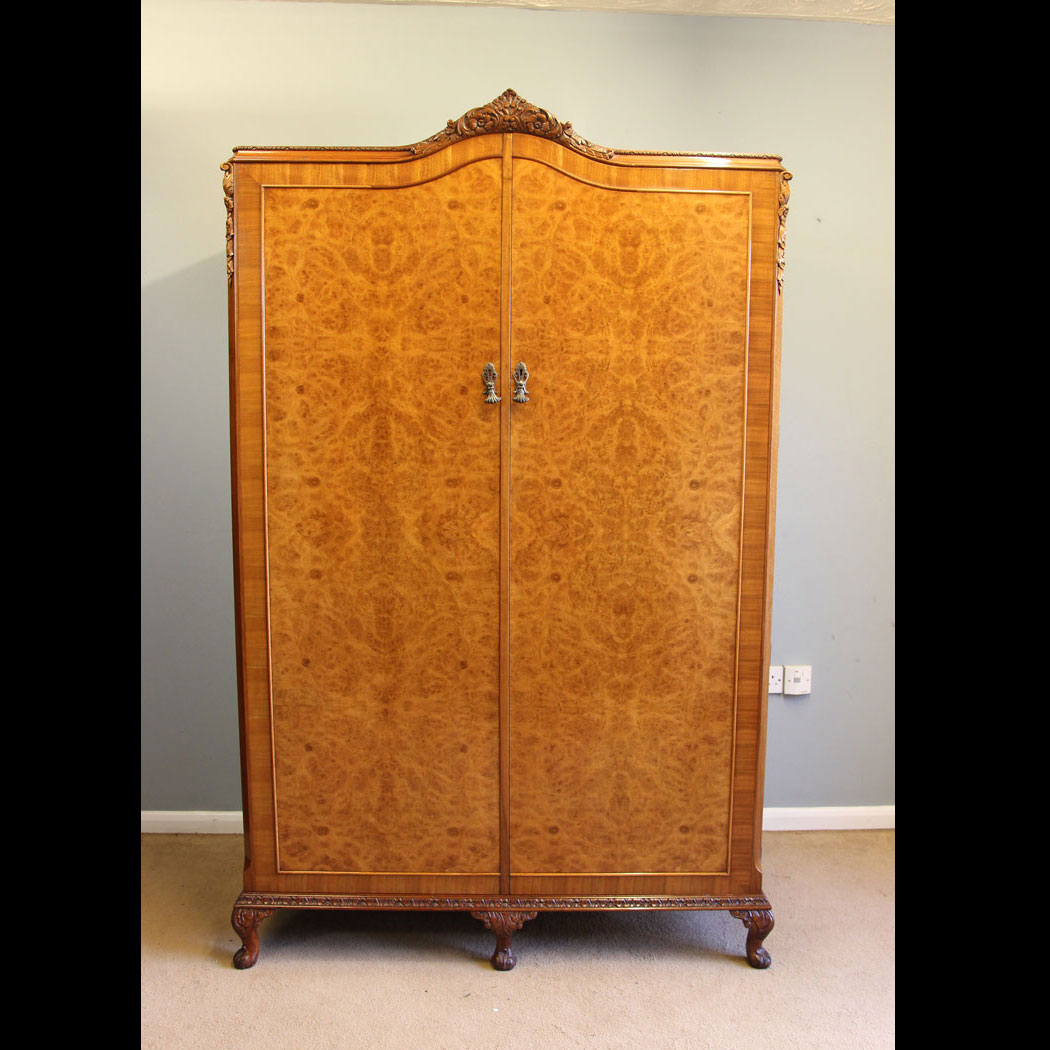 12158r01 Antique Burr Walnut Hanging Double Wardrobe, Antique Burr Walnut Hanging Double Wardrobe