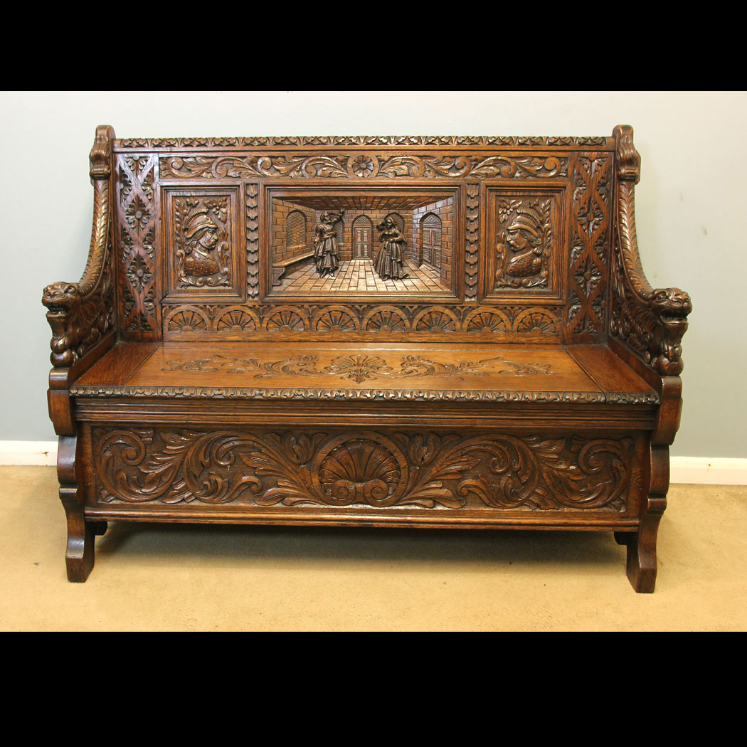 12162r01 Antique Victorian Carved Oak Settle Monks Bench, Antique Victorian Carved Oak Monks Bench Settle