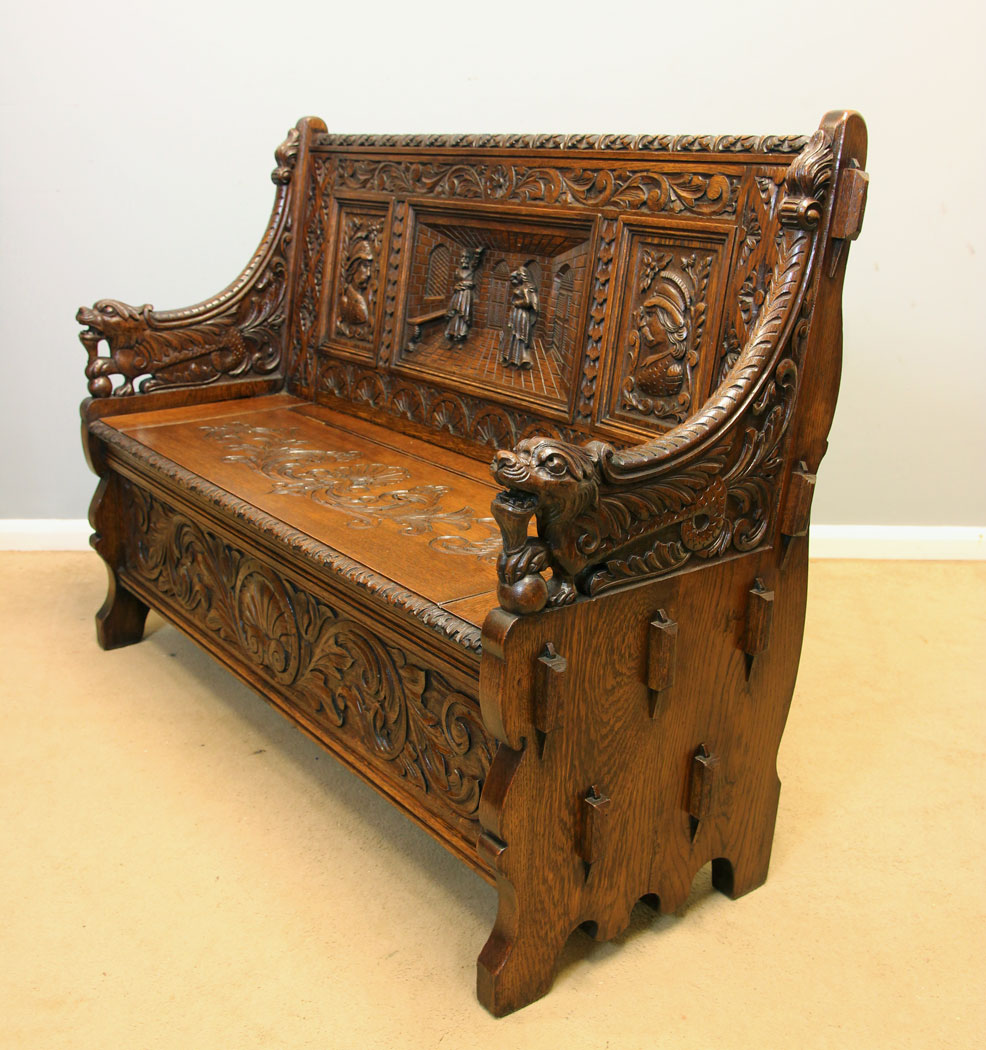 12162r3 Antique Victorian Carved Oak Settle Monks Bench,