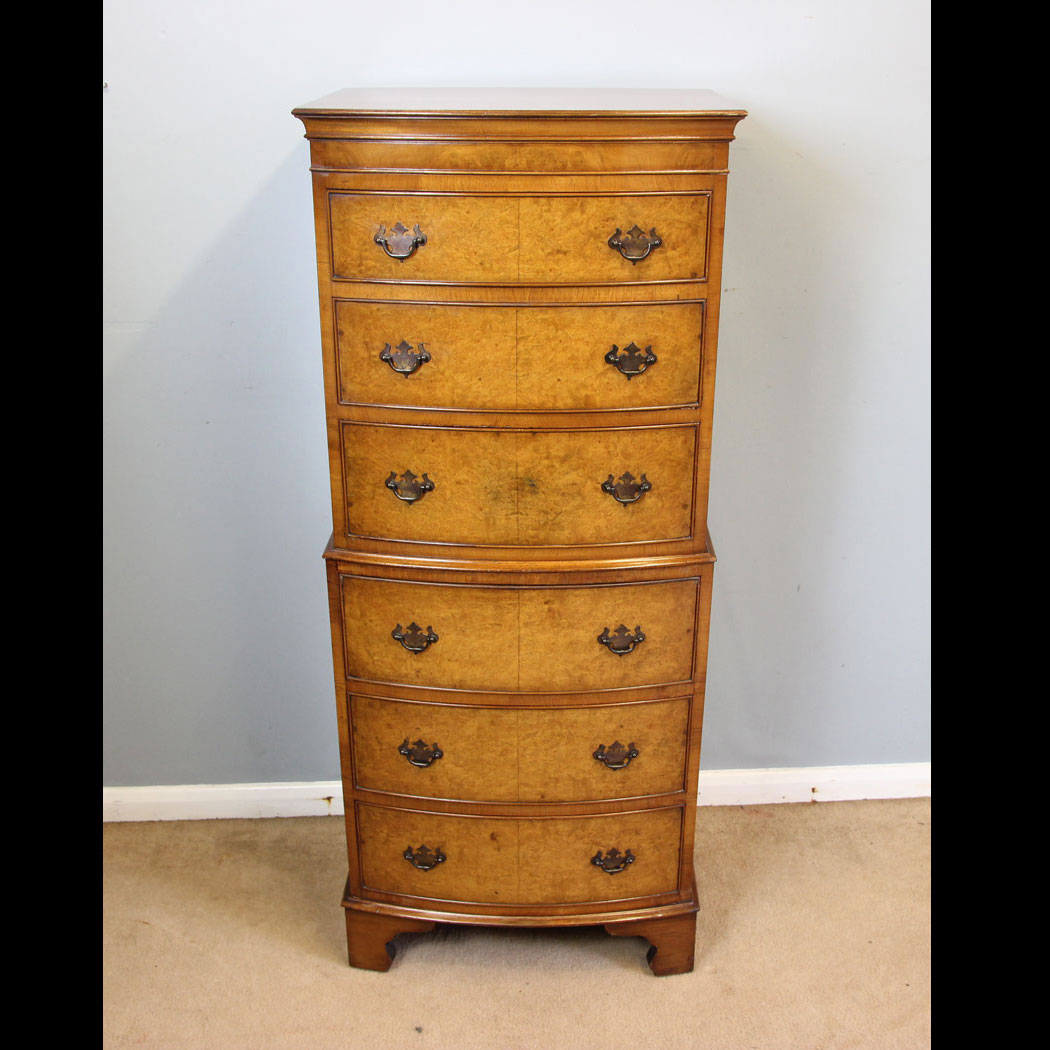 12231r01 Burr Walnut Chest on Chest of Drawers, 20th Century Burr Walnut Chest on Chest of Drawers