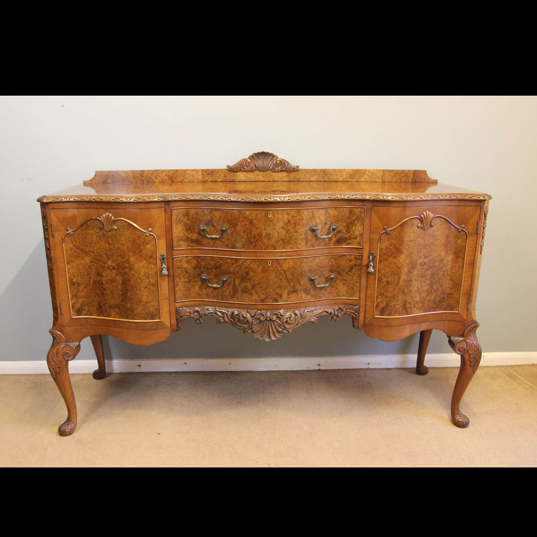 12234r01 Burr Walnut Antique Sideboard Server, Burr Walnut Antique Serpentine Front Sideboard Server