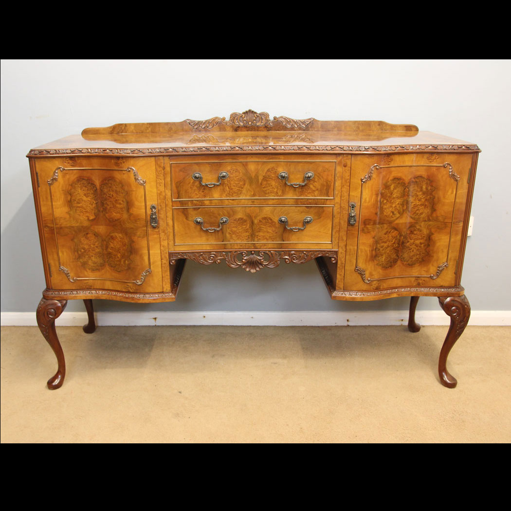 12263r01 Queen Anne Style Burr Walnut Sideboard, Burr Walnut Antique Serpentine Front Sideboard Server