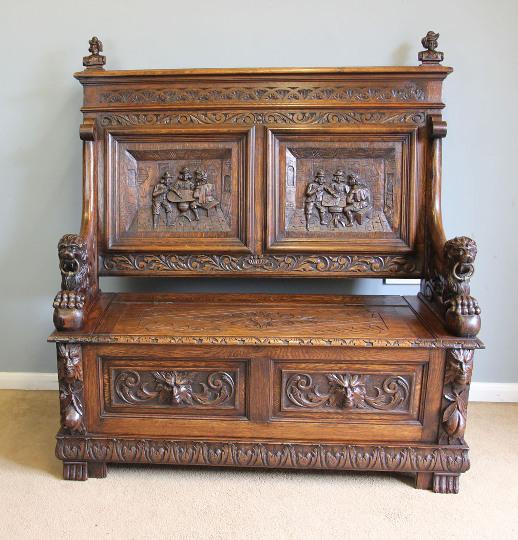 12265r04 Antique 19th Century Carved Monks Bench Oak Settle,