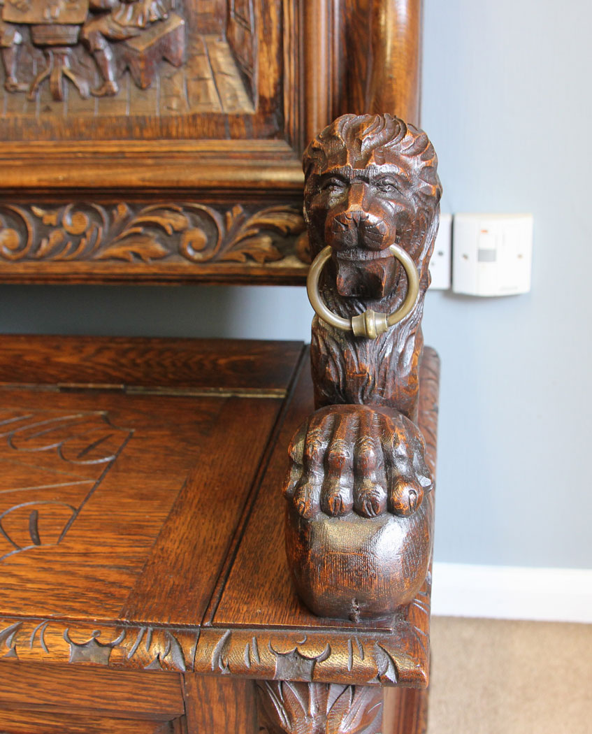 12265r10 Antique 19th Century Carved Monks Bench Oak Settle,