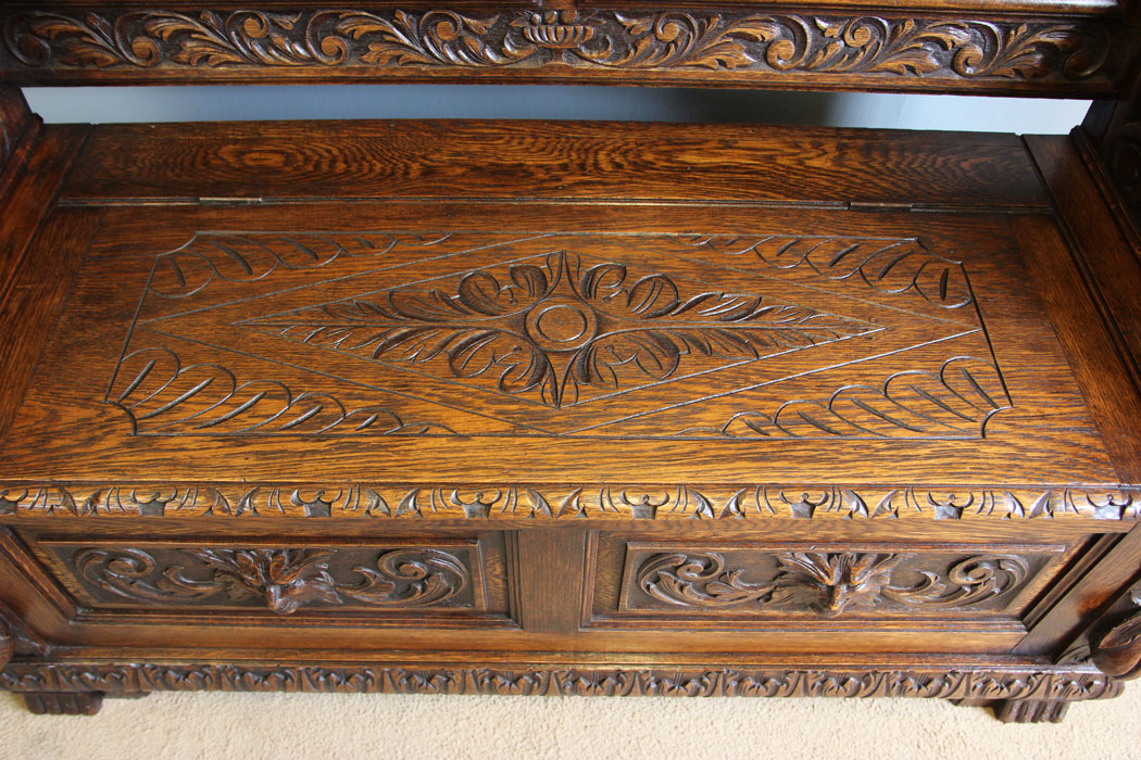 12265r4 Antique 19th Century Carved Monks Bench Oak Settle,