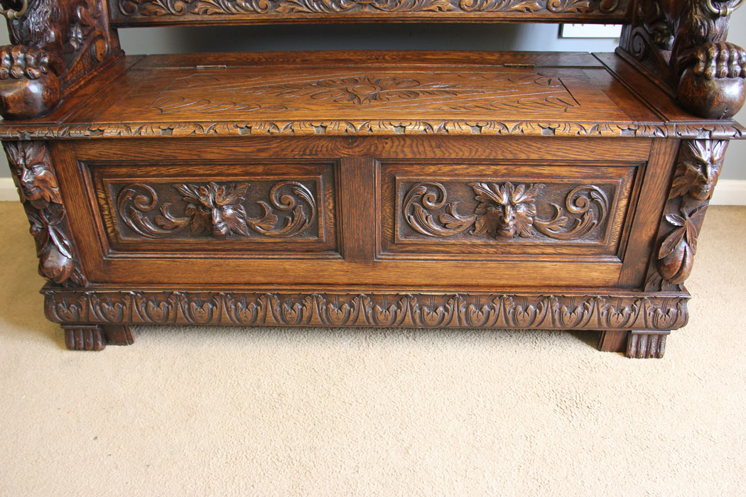 12265r7 Antique 19th Century Carved Monks Bench Oak Settle,