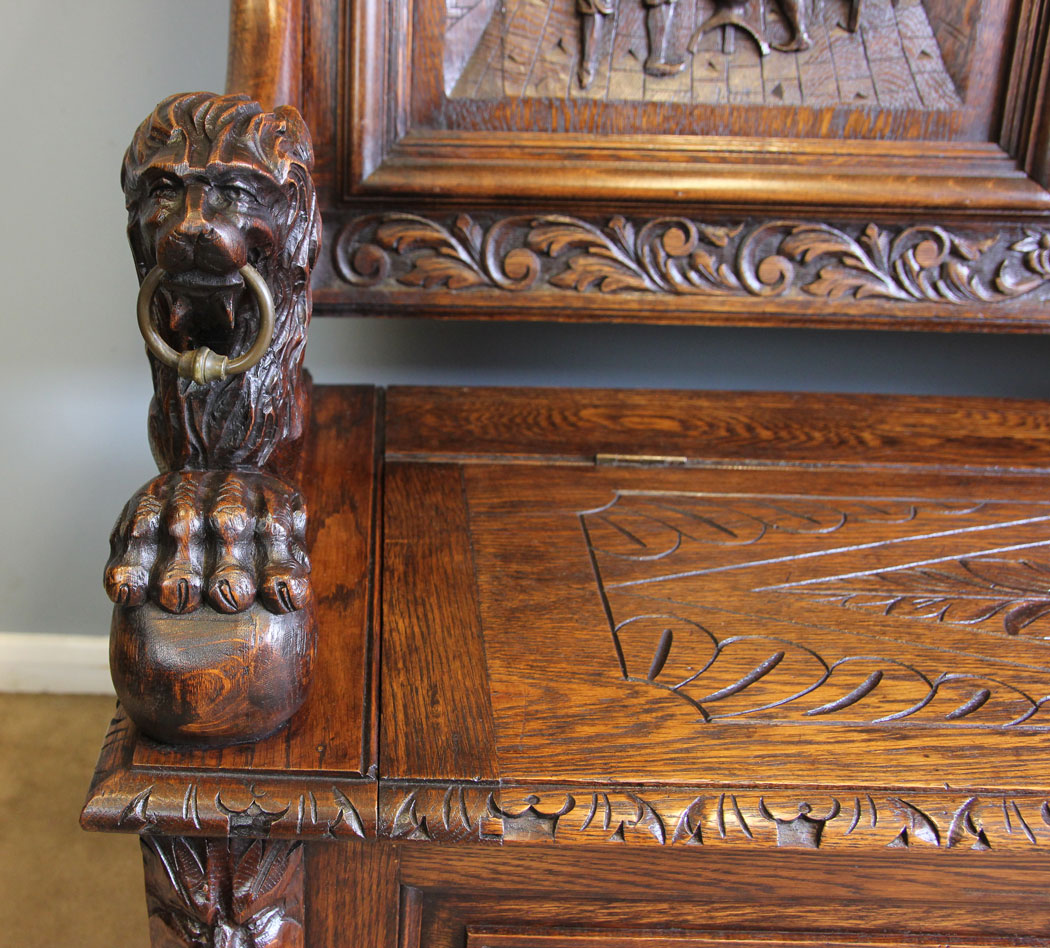 12265r8 Antique 19th Century Carved Monks Bench Oak Settle,
