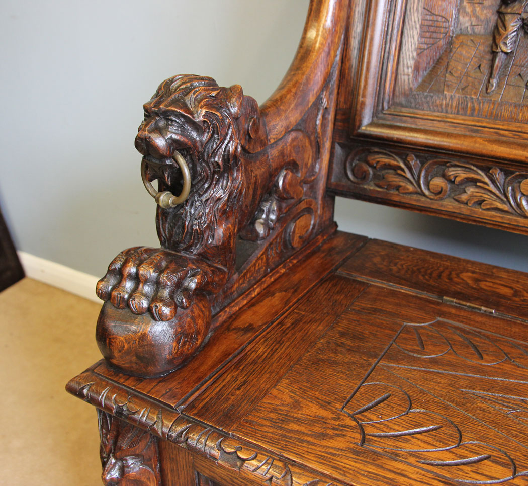 12265r9 Antique 19th Century Carved Monks Bench Oak Settle,