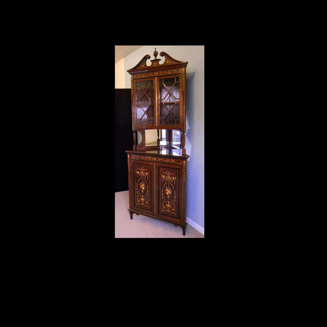 09431r01 Antique Inlaid Rosewood Corner Display Cabinet, Antique Rosewood Corner Display Cabinet,