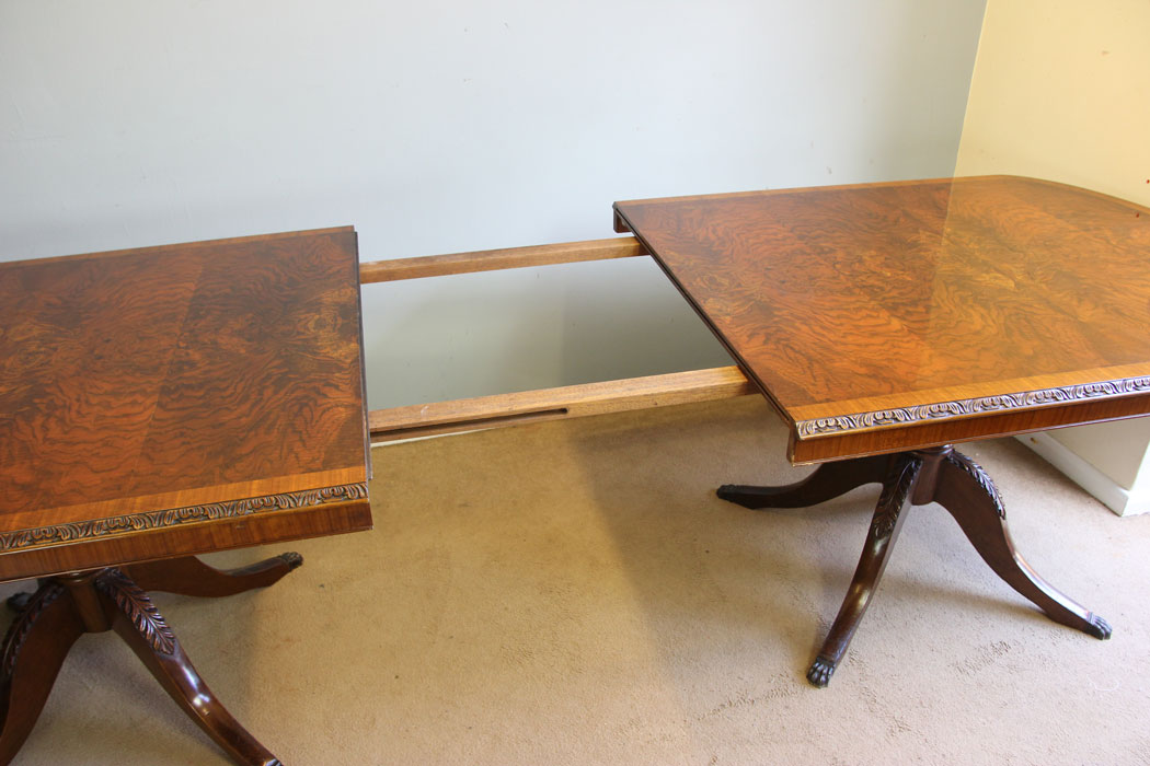 12316r10 Large Georgian Style Figured Walnut Twin Pedestal Extending Dining Table,