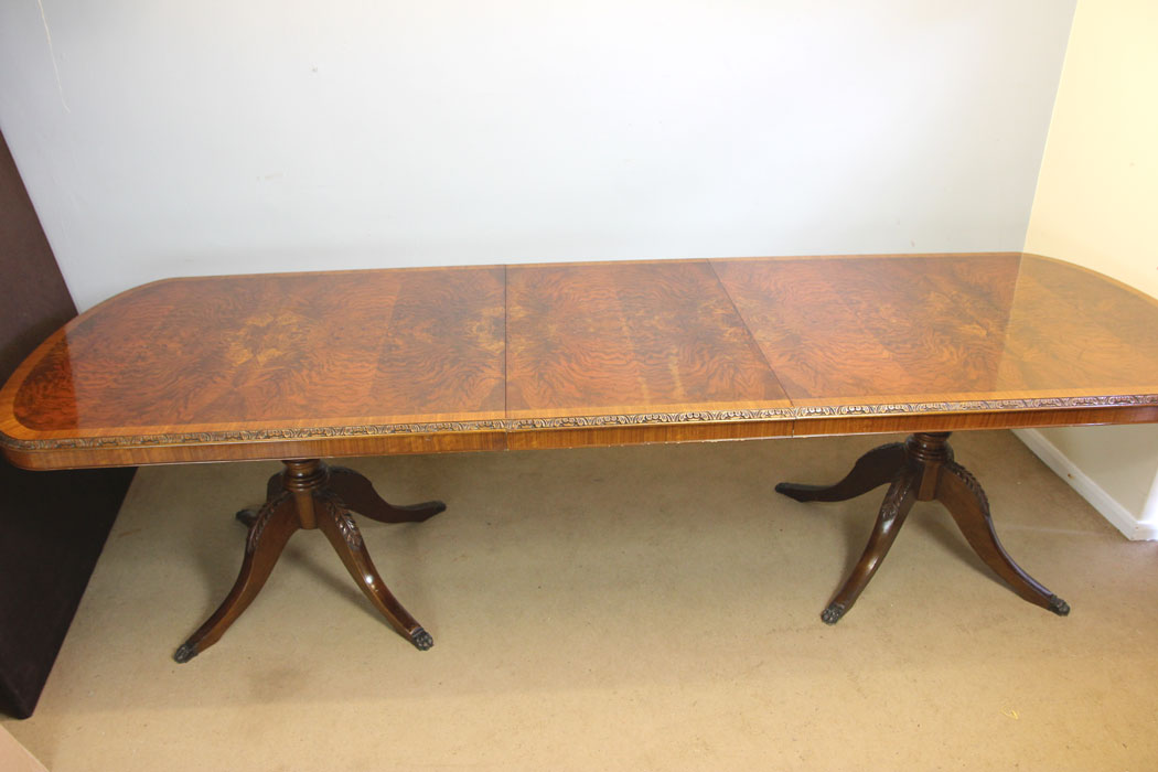 12316r7 Large Georgian Style Figured Walnut Twin Pillar Extending Dining Table,