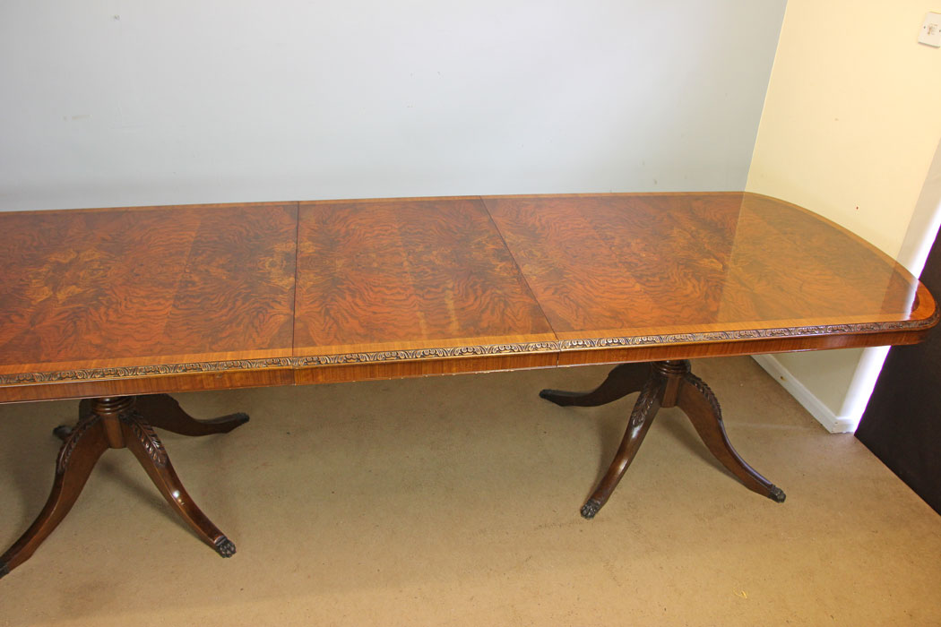 12316r8 Large Georgian Style Figured Walnut Twin Pillar Extending Dining Table,