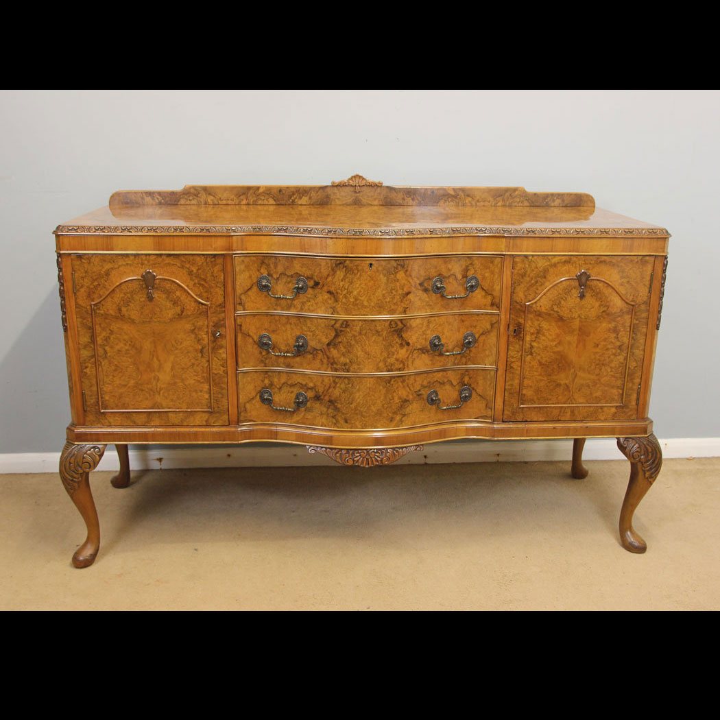 12319r01 Antique Burr Walnut Queen Anne Style Dresser Sideboard, Antique Burr Walnut Queen Anne Style Dresser Sideboard