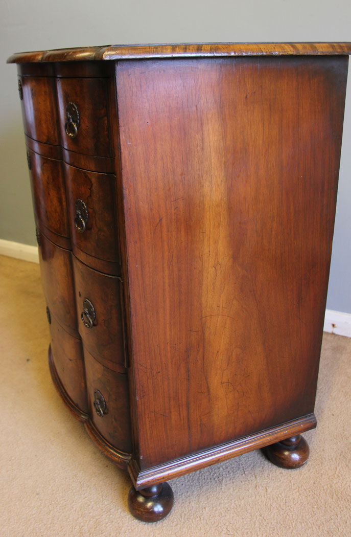 12374r12 Antique Small Burr Walnut Bow Front Chest of Drawers, Antique Small Burr Walnut Bow Front Chest of Drawers