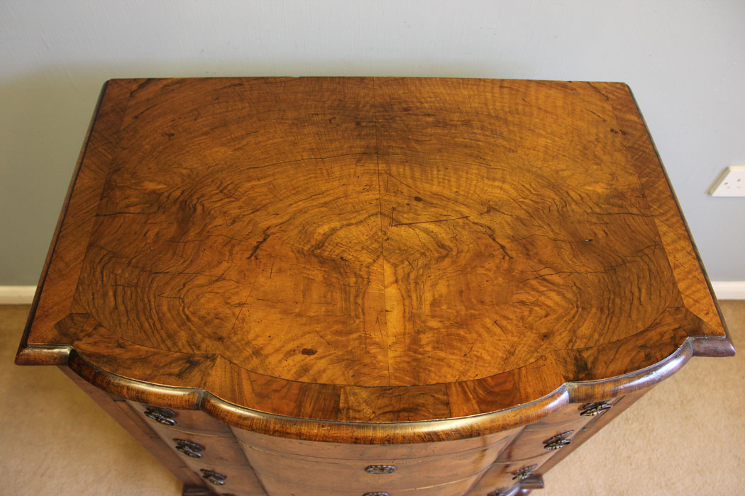 12374r3 Antique Burr Walnut Chest Drawers, Antique Small Burr Walnut Bow Front Chest of Drawers