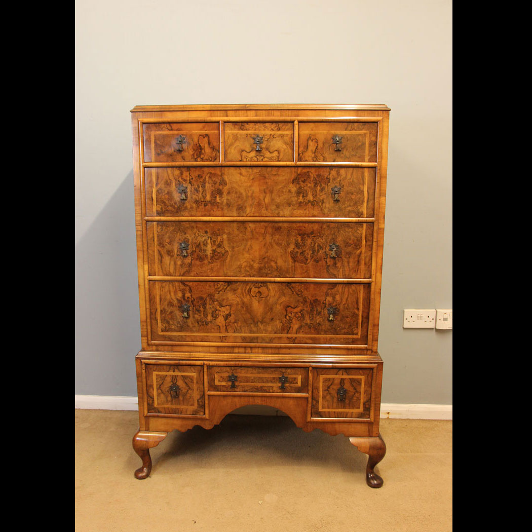 12391r01 Antique Burr Walnut Chest of Drawers, Antique Quality Burr Walnut Tallboy Chest of Drawers