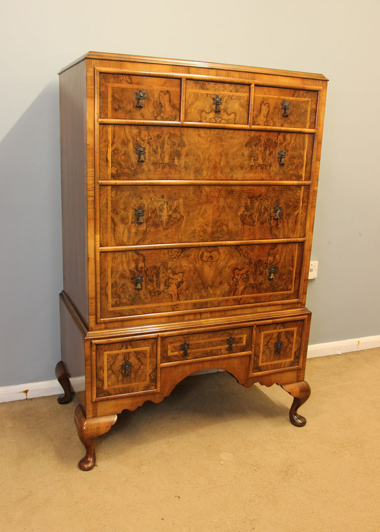 12391r03 Antique Burr Walnut Chest of Drawers, Antique Quality Burr Walnut Tallboy Chest of Drawers
