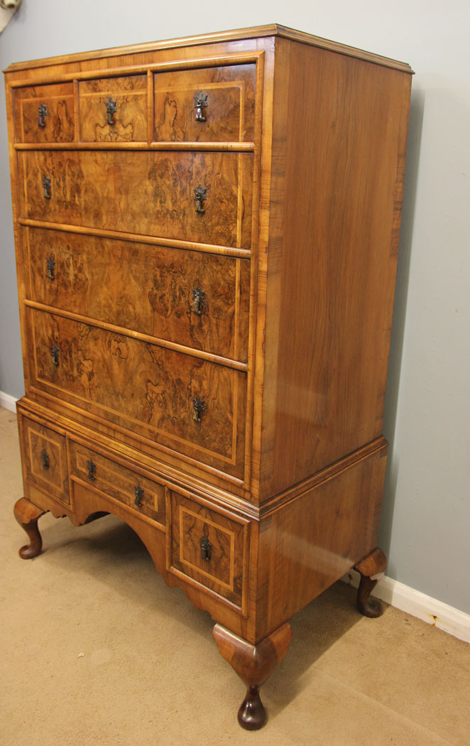 12391r12 Antique Burr Walnut Chest of Drawers, Antique Quality Burr Walnut Tallboy Chest of Drawers