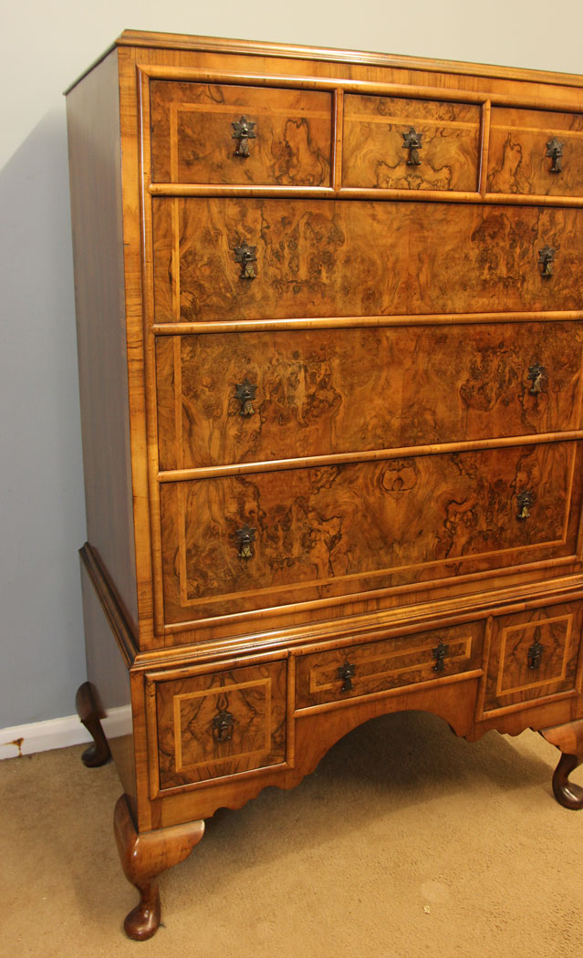 12391r13 Antique Burr Walnut Chest of Drawers, Antique Quality Burr Walnut Tallboy Chest of Drawers