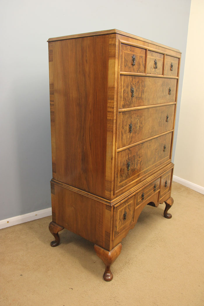 12391r2 Antique Burr Walnut Chest of Drawers, Antique Quality Burr Walnut Tallboy Chest of Drawers