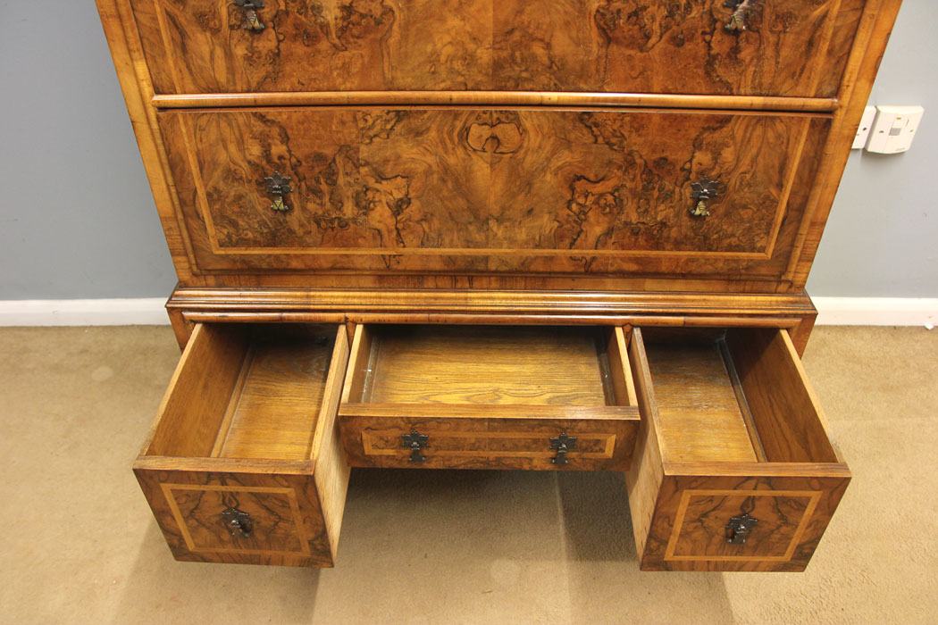 12391r9 Antique Burr Walnut Chest of Drawers, Antique Quality Burr Walnut Tallboy Chest of Drawers