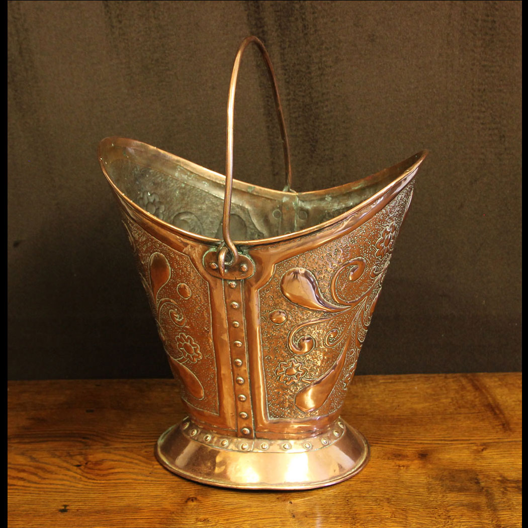 12428r01 Antique Embossed Copper Coal Scuttle Bucket. Antique Embossed Copper Coal Scuttle Bucket